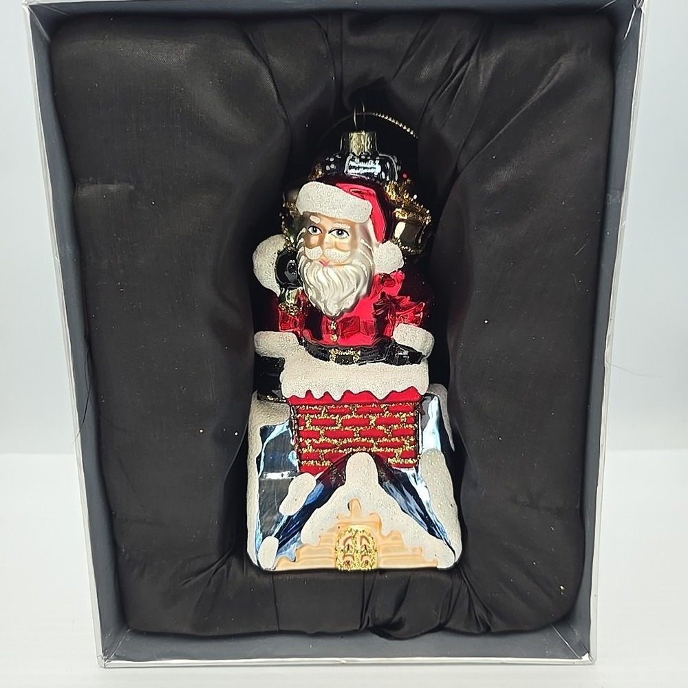 Blown Glass Santa Claus and Chimney Christmas Ornament 6" Gift